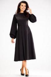 Elegancka Midi Sukienka z Bufiastym Rękawem - Czarna. Czarne sukienki damskie Awama, l, bez wzorów, z elastanu, eleganckie, bez kołnierzyka, bez ramiączek, midi. Za 259.90 zł.