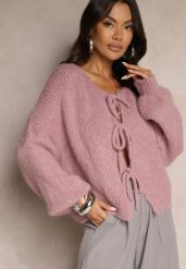 Różowy Kardigan z Wełną o Kroju Oversize z Wiązanymi Kokardami Elearina. Czerwone kardigany damskie Renee, bez wzorów, z jeansu, eleganckie, bez kołnierzyka. Za 139.99 zł.