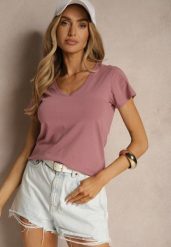 Ciemnoróżowy Bawełniany T-shirt z Trójkątnym Dekoltem Linalitia. Czerwone t-shirty damskie Renee, l, bez wzorów, z bawełny, bez kołnierzyka, bez ramiączek. Za 44.99 zł.