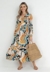 Beżowa Sukienka Kopertowa z Falbanką i Fantazyjnym Printem Takia. Brązowe sukienki damskie Born2be, s, bez wzorów, bez kołnierzyka, bez ramiączek, maxi, kopertowe. Za 39.99 zł.