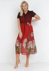 Bordowa Sukienka Eripheis. Czerwone sukienki damskie Born2be, s, bez wzorów, z tkaniny, bez kołnierzyka, bez ramiączek, midi, koszulowe. Za 64.99 zł.