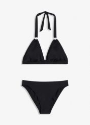 Bikini z ramiączkami wiązanymi na szyi, z ozdobnym kółkiem (2 części). Brązowe bikini bonprix, bez wzorów. Za 89.99 zł.