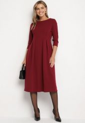 Bordowa Rozkloszowana Sukienka Ozdobiona Przeszyciami Reamira. Czerwone sukienki damskie Born2be, na co dzień, m, bez wzorów, eleganckie, bez kołnierzyka, bez ramiączek, midi, rozkloszowane. Za 99.99 zł.