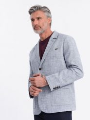Marynarka męska o kroju REGULAR z lnem - jasnoniebieska V3 OM-BLZB-0128 - XL. Niebieskie garnitury męskie Ombre Clothing, l, bez wzorów, z materiału, biznesowe. W wyprzedaży za 249.99 zł.
