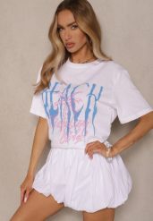 Biała Bawełniana Koszulka z Nadrukiem Savileine. Białe bluzki damskie Renee, l, bez wzorów, z bawełny, eleganckie, bez kołnierzyka, bez ramiączek. Za 29.99 zł.