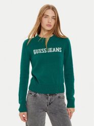 Guess Jeans Sweter W4BR10 Z3HM1 Zielony Regular Fit. Zielone swetry nierozpinane damskie Guess Jeans, xs, z aplikacjami, z bawełny, bez kołnierzyka, bez ramiączek. Za 299.99 zł.
