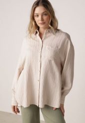 Beżowa Wiskozowa Koszula z Dodatkiem Lnu z Tkaniny Strukturalnej Noma. Brązowe koszule damskie Born2be, uniwersalny, bez wzorów, z jeansu, casualowe, bez kołnierzyka, bez ramiączek. Za 89.99 zł.