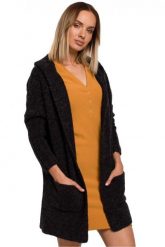 Kardigan oversize z wełną i obszernym kapturem wąskie rękawy czarny. Czarne kardigany damskie Polskie swetry, l, bez wzorów, z materiału, eleganckie, bez kołnierzyka. Za 289.00 zł.