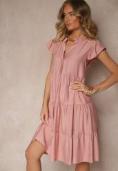 Ciemnoróżowa Rozkloszowana Sukienka z Dekoltem w Kształcie Litery V Mevamara. Czerwone sukienki damskie Renee, na co dzień, xl, z aplikacjami, z jeansu, eleganckie, bez kołnierzyka, bez ramiączek, midi, kopertowe. Za 49.99 zł.