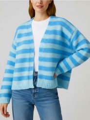 Kardigan w paski - niebieski. Niebieskie kardigany damskie Sinsay, l, bez wzorów, bez kołnierzyka. Za 49.99 zł.