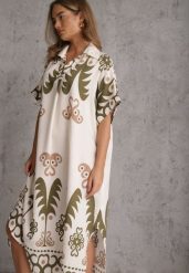 Zielona Wiskozowa Sukienka o Kroju Oversize z Geometrycznym Printem Talon. Zielone sukienki damskie Renee, na lato, l, bez wzorów, z wiskozy, eleganckie, bez kołnierzyka, bez ramiączek, midi, oversize. Za 89.99 zł.