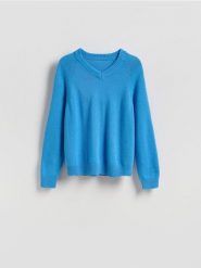 Sweter z dekoltem V - niebieski. Niebieskie swetry męskie Reserved, l, bez wzorów, z bawełny, bez kołnierzyka, bez ramiączek. Za 129.99 zł.