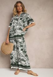 Ciemnozielony Komplet z Wiskozy Koszula i Spodnie z Motywem Roślinnym Ridiene. Zielone koszule damskie Renee, l, bez wzorów, z materiału, eleganckie, bez kołnierzyka, bez ramiączek. Za 89.99 zł.
