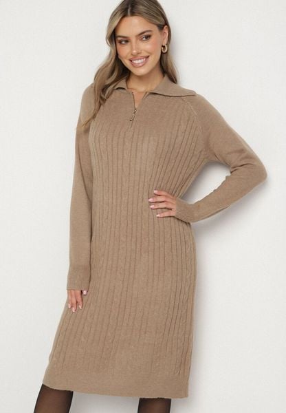 Beżowa Sweterkowa Sukienka Pudełkowa z Bawełną i Wełną Ozdobiona Suwakiem Reimia. Brązowe sukienki damskie Born2be, na co dzień, uniwersalny, bez wzorów, z bawełny, klasyczne, bez kołnierzyka, bez ramiączek. Za 79.99 zł.