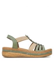 Rieker Sandały CEO-V0920-52 Zielony. Zielone sandały damskie Rieker, bez wzorów, z materiału, bez obcasa, na koturnie, bez zapięcia. Za 339.99 zł.