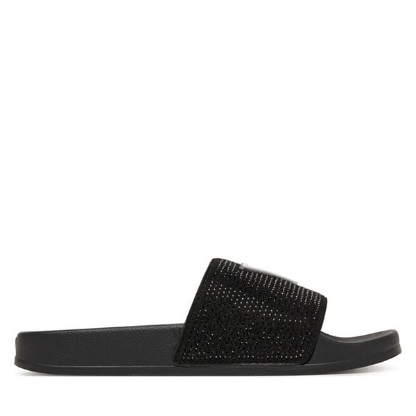Klapki Guess. Czarne klapki damskie Guess, z aplikacjami, bez obcasa, bez zapięcia. Za 157.99 zł.