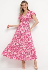 Różowa Rozkloszowana Sukienka Maxi z Luźnym Rękawem w Kwiatowy Print Oxeria. Czerwone sukienki damskie Born2be, na lato, m, bez wzorów, bez kołnierzyka, bez ramiączek, maxi, rozkloszowane. Za 79.99 zł.