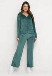 Ciemnozielony Welurowy Komplet Dresowy Bluza z Kapturem i Szerokie Spodnie Atiferi. Zielone bluzy damskie Born2be, l, bez wzorów, z dresówki, bez ramiączek, z kapturem. Za 69.99 zł.