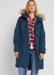 Parka zimowa z kapturem ze sztucznym futerkiem. Niebieskie parki damskie bonprix, na zimę, bez wzorów, z kapturem. Za 359.99 zł.