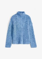 Sweter ze stójką, z domieszką wełny. Niebieskie swetry nierozpinane damskie bonprix, bez wzorów, z wełny, bez kołnierzyka, bez ramiączek. Za 169.99 zł.