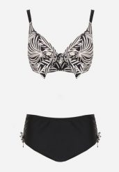 Czarno-Beżowe Bikini Biustonosz z Ozdobnym Wiązaniem i Figi ze Ściągaczami Miraleh. Czarne bikini Born2be, bez wzorów. Za 99.99 zł.