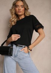 Czarny Bawełniany T-shirt z Ażurowymi Rękawkami Zolreia. Czarne t-shirty damskie Renee, m, w ażurowe wzory, z bawełny, sportowe, bez kołnierzyka, bez ramiączek. Za 49.99 zł.