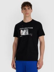 4F T-shirt regular z nadrukiem męski - czarny S. Czarne t-shirty męskie 4F, m, bez wzorów, z bawełny, bez kołnierzyka, bez ramiączek. Za 59.99 zł.