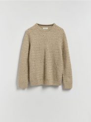 Strukturalny sweter z wełną - beżowy. Brązowe swetry męskie Reserved, l, bez wzorów, z dzianiny, bez kołnierzyka, bez ramiączek. Za 159.99 zł.
