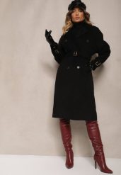 Czarny Dwurzędowy Płaszcz Trencz o Eleganckim Kroju z Paskiem Edioneta. Czarne płaszcze damskie Renee, l, bez wzorów, z jeansu, biznesowe, bez kołnierzyka, bez kaptura. Za 209.99 zł.