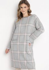 Szara Pudełkowa Sukienka Dzianinowa w Szeroką Kratę Plomiba. Szare sukienki damskie Born2be, l, bez wzorów, z dzianiny, bez kołnierzyka, plus size, bez ramiączek, midi. Za 129.99 zł.