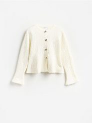 Strukturalny kardigan - kremowy. Białe kardigany damskie Reserved, l, bez wzorów, z dzianiny, bez kołnierzyka. Za 159.99 zł.