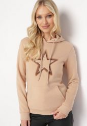 Beżowa Bluza Ocieplana z Nadrukiem Grolla. Brązowe bluzy damskie Born2be, xl, bez wzorów, z polaru, casualowe, bez ramiączek, z kapturem. Za 84.99 zł.