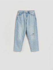 Jeansy straight z przetarciami - niebieski. Niebieskie jeansy damskie Reserved, bez wzorów, z denimu. Za 129.99 zł.