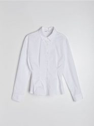 Bawełniana koszula slim fit - biały. Białe koszule damskie Sinsay, l, bez wzorów, z bawełny, bez kołnierzyka, bez ramiączek. Za 49.99 zł.