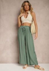 Ciemnozielone Spodnie High Waist o Szerokim Kroju z Wiązaniem Telisiela. Zielone spodnie materiałowe damskie Renee, bez wzorów, z jeansu, eleganckie, z podwyższonym stanem. Za 39.99 zł.