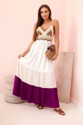 Sukienka damska boho maxi na ramiączkach z ażurową górą beżowy + ciemny fioletowy. Brązowe sukienki damskie Kesi Włoski, na plażę, na lato, l, w ażurowe wzory, z bawełny, boho, bez kołnierzyka, bez ramiączek, maxi, rozkloszowane. Za 217.48 zł.