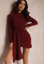 Bordowa Asymetryczna Sukienka Mini z Metaliczną Nitką i Szerokim Pasem Gongo. Czerwone sukienki damskie Renee, bez wzorów, z tkaniny, eleganckie, z asymetrycznym kołnierzem, bez ramiączek, mini, asymetryczne. Za 84.99 zł.