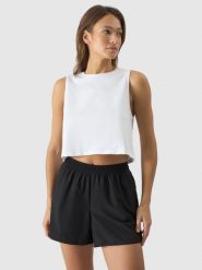 4F Crop-top oversize gładki damski - biały S. Białe topy damskie 4F, s, bez wzorów, z bawełny, sportowe, bez kołnierzyka, bez ramiączek. W wyprzedaży za 29.99 zł.