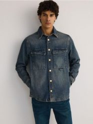 Jeansowa koszula regular fit - indigo jeans. Niebieskie koszule męskie Reserved, l, bez wzorów, z denimu, bez kołnierzyka, bez ramiączek. W wyprzedaży za 79.99 zł.