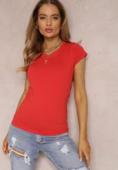 Czerwony T-shirt Mirasura. Czerwone t-shirty damskie Renee, l, bez wzorów, z dzianiny, bez kołnierzyka, bez ramiączek. Za 24.99 zł.