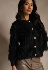 Czarny Kardigan z Dzianiny z Wełną Imitującą Pióra z Perłowymi Guzikami Meviatta. Czarne kardigany damskie Renee, bez wzorów, z dzianiny, glamour, bez kołnierzyka. Za 79.99 zł.