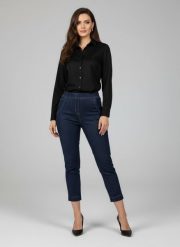 Eleganckie granatowe spodnie Jeangaliny02 o kroju slim fit 7/8 PLUS SIZE XXL OVERSIZE JESIEŃ. Szare spodnie materiałowe damskie Moda Size Plus Iwanek, na jesień, bez wzorów, z bawełny, eleganckie, plus size. Za 199.90 zł.