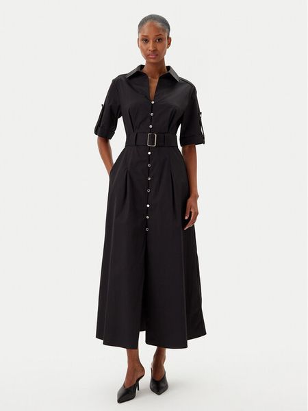 Fracomina Sukienka koszulowa FR25SD3006W52001 Czarny Regular Fit. Czarne sukienki damskie Fracomina, xs, bez wzorów, z syntetyku, bez kołnierzyka, bez ramiączek, koszulowe. Za 379.99 zł.