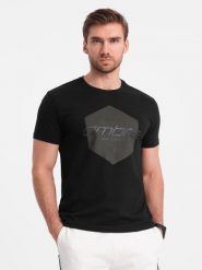 Męski t-shirt bawełniany z nadrukiem geometrycznym i logotypem - czarny V2. Czarne t-shirty męskie Ombre Clothing, l, bez wzorów, z bawełny, bez kołnierzyka, bez ramiączek. W wyprzedaży za 19.99 zł.