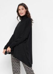 Sweter poncho z golfem i asymetryczną linią dołu. Czarne swetry nierozpinane damskie bonprix, bez wzorów, z asymetrycznym kołnierzem, bez ramiączek. Za 139.99 zł.