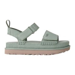 Damskie sandały Ugg Goldenstar 1136783-ART. Zielone sandały damskie UGG, bez wzorów, z materiału, z okrągłym noskiem, bez obcasa, bez zapięcia. Za 429.00 zł.