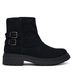 Botki Clarks. Czarne botki damskie Clarks, bez wzorów, bez obcasa, na płaskiej podeszwie, bez zapięcia. Za 569.99 zł.