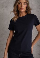 Granatowy T-shirt z Bawełny z Okrągłym Dekoltem Nedima. Niebieskie t-shirty damskie Renee, m, bez wzorów, z bawełny, klasyczne, bez kołnierzyka, bez ramiączek. Za 39.99 zł.