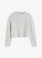 Sweter z grubej, miękkiej dzianiny z domieszką wełny. Szare swetry nierozpinane damskie bonprix, bez wzorów, z dzianiny, bez kołnierzyka, bez ramiączek. Za 94.99 zł.