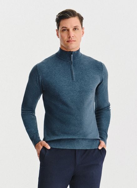 PAKO LORENTE – Granatowy sweter z rozpinaną stójką. Niebieskie swetry męskie Pako Lorente, na jesień, m, bez wzorów, z poliesteru, bez kołnierzyka, bez ramiączek. Za 299.99 zł.